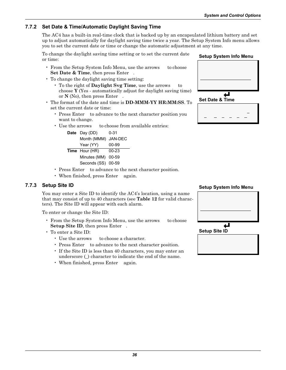 2 set date & time/automatic daylight saving time, 3 setup site id, Set date & time/automatic daylight saving time | Setup site id | Liebert AC4 User Manual | Page 42 / 88