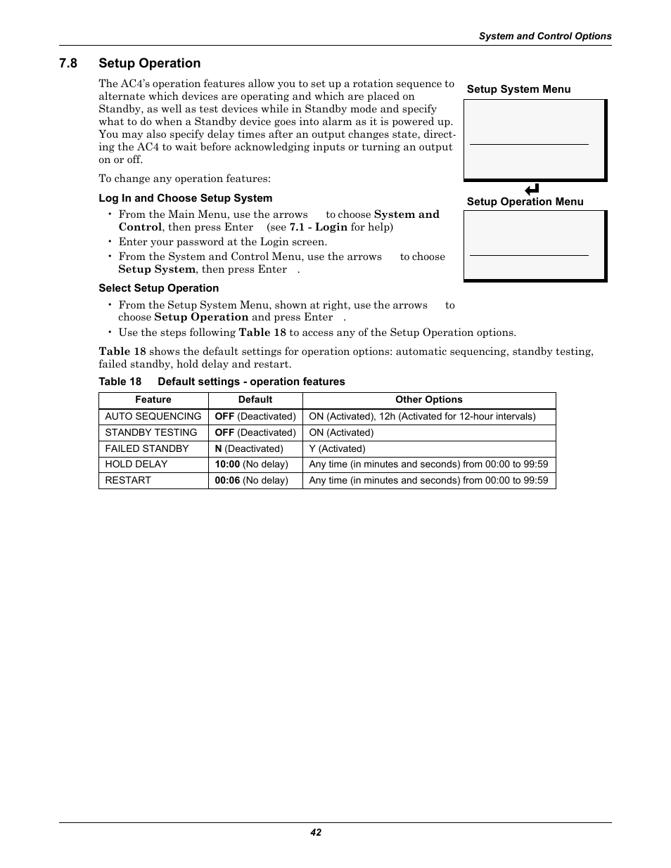 8 setup operation, Table 18 default settings - operation features, Setup operation | Table 18, Default settings - operation features, Override output | Liebert AC4 User Manual | Page 48 / 88
