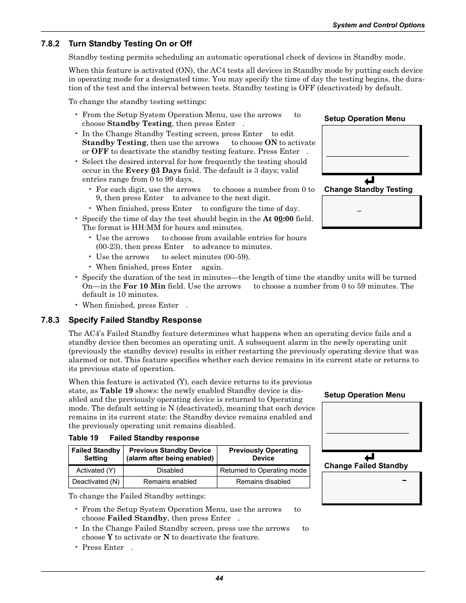 2 turn standby testing on or off, 3 specify failed standby response, Table 19 failed standby response | Turn standby testing on or off, Specify failed standby response, Table 19, Failed standby response | Liebert AC4 User Manual | Page 50 / 88