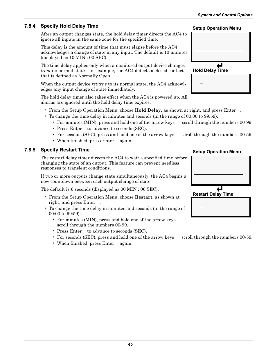 4 specify hold delay time, 5 specify restart time, Specify hold delay time | Specify restart time | Liebert AC4 User Manual | Page 51 / 88