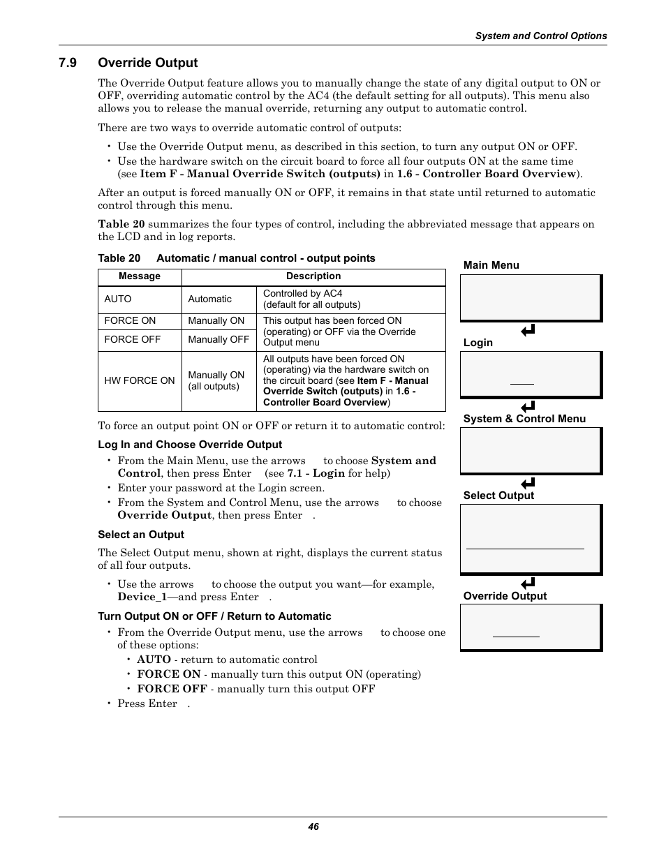 9 override output, Override output, Table 20 | Automatic / manual control - output points | Liebert AC4 User Manual | Page 52 / 88