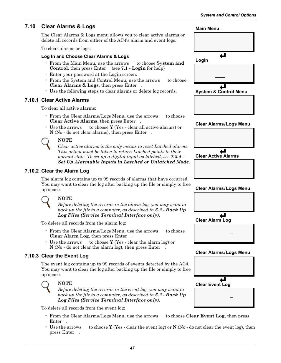 10 clear alarms & logs, 1 clear active alarms, 2 clear the alarm log | 3 clear the event log, Clear alarms & logs, Clear active alarms, Clear the alarm log, Clear the event log | Liebert AC4 User Manual | Page 53 / 88