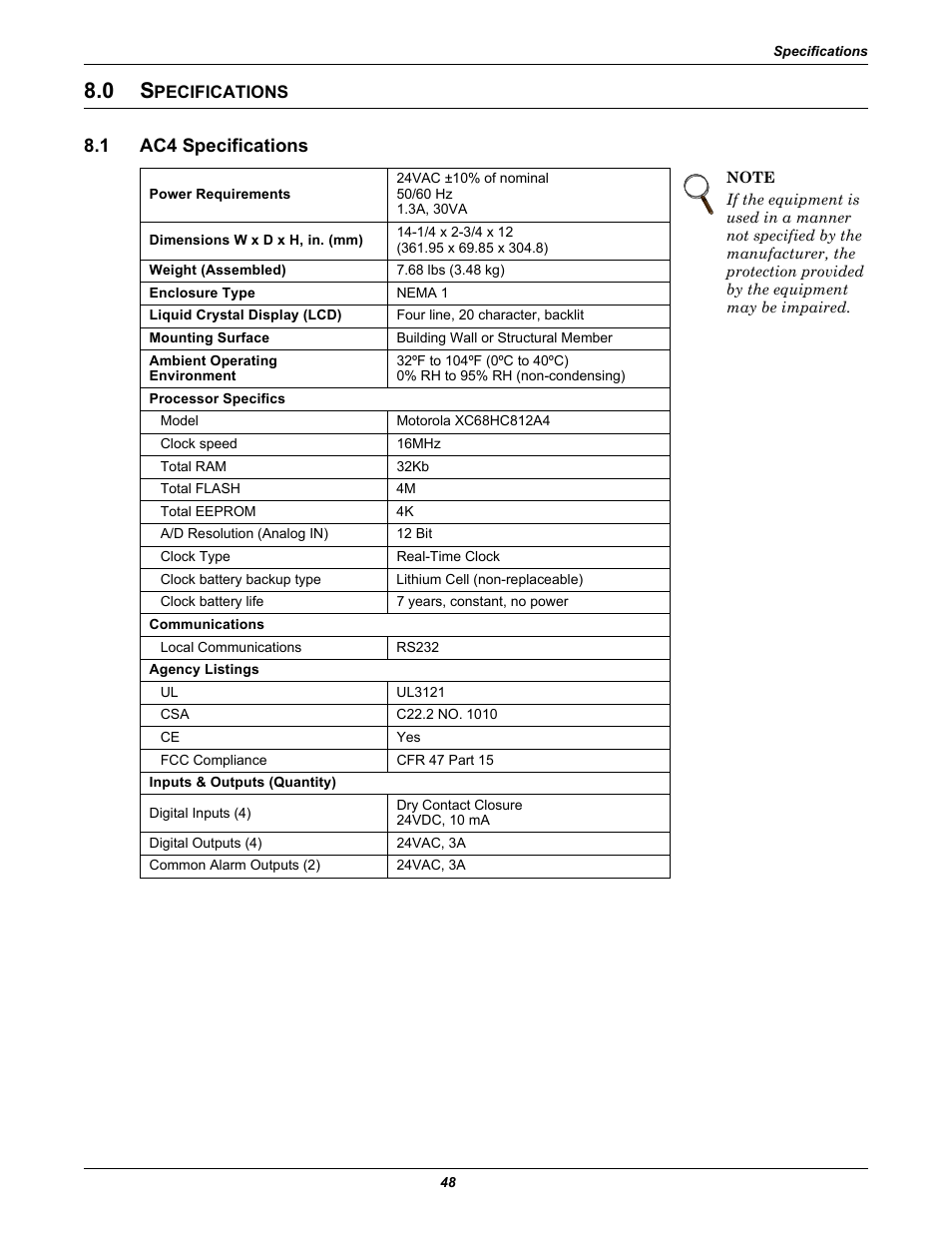 0 specifications, 1 ac4 specifications, Pecifications | Ac4 specifications | Liebert AC4 User Manual | Page 54 / 88