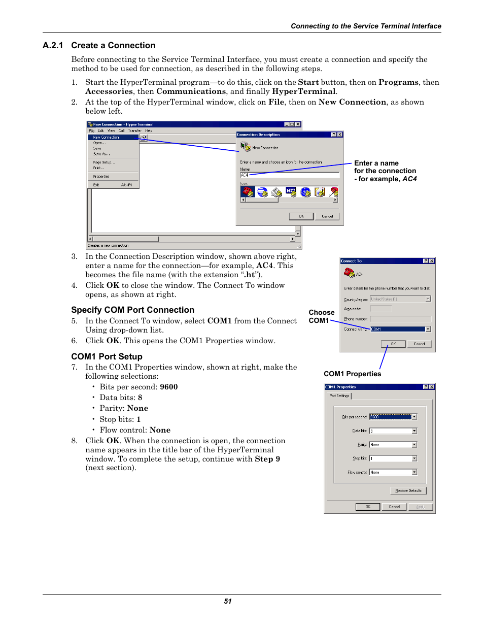 A.2.1 create a connection, Specify com port connection, Com1 port setup | A.2.1, Create a connection | Liebert AC4 User Manual | Page 57 / 88