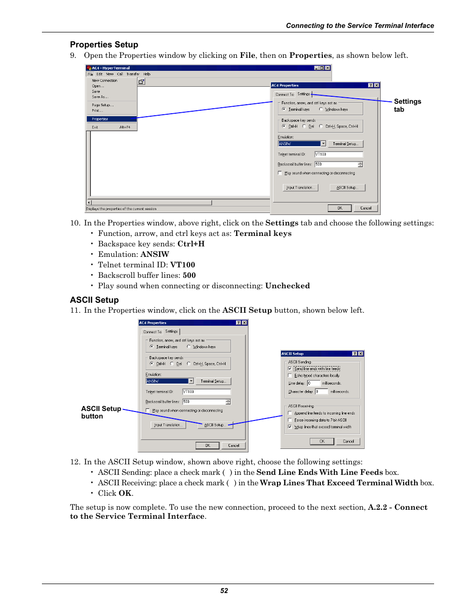 Properties setup, Ascii setup | Liebert AC4 User Manual | Page 58 / 88
