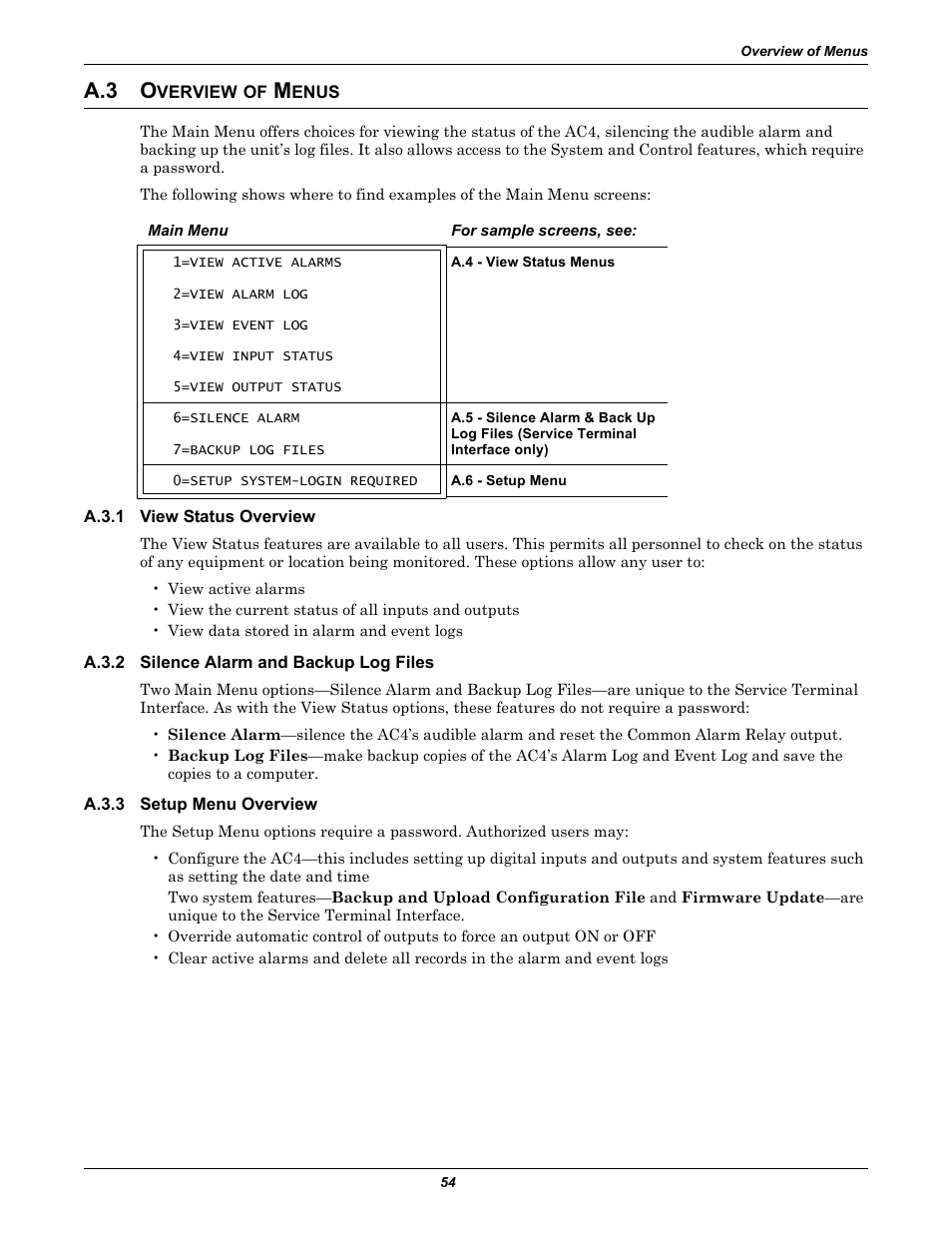 A.3 overview of menus, A.3.1 view status overview, A.3.2 silence alarm and backup log files | A.3.3 setup menu overview, Overview of menus, A.3.1, View status overview, A.3.2, Silence alarm and backup log files, A.3.3 | Liebert AC4 User Manual | Page 60 / 88