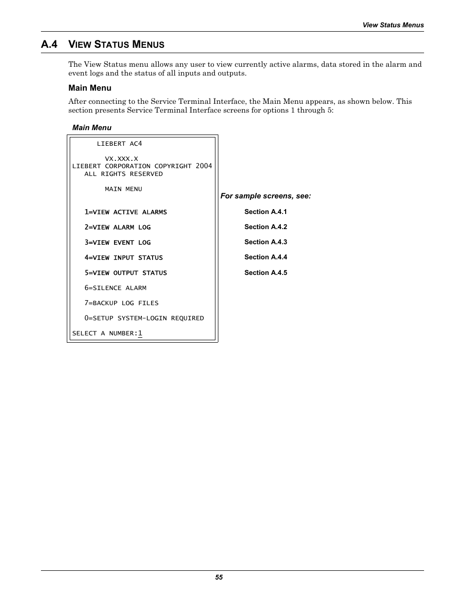 A.4 view status menus, Main menu, View status menus | A.4 v | Liebert AC4 User Manual | Page 61 / 88