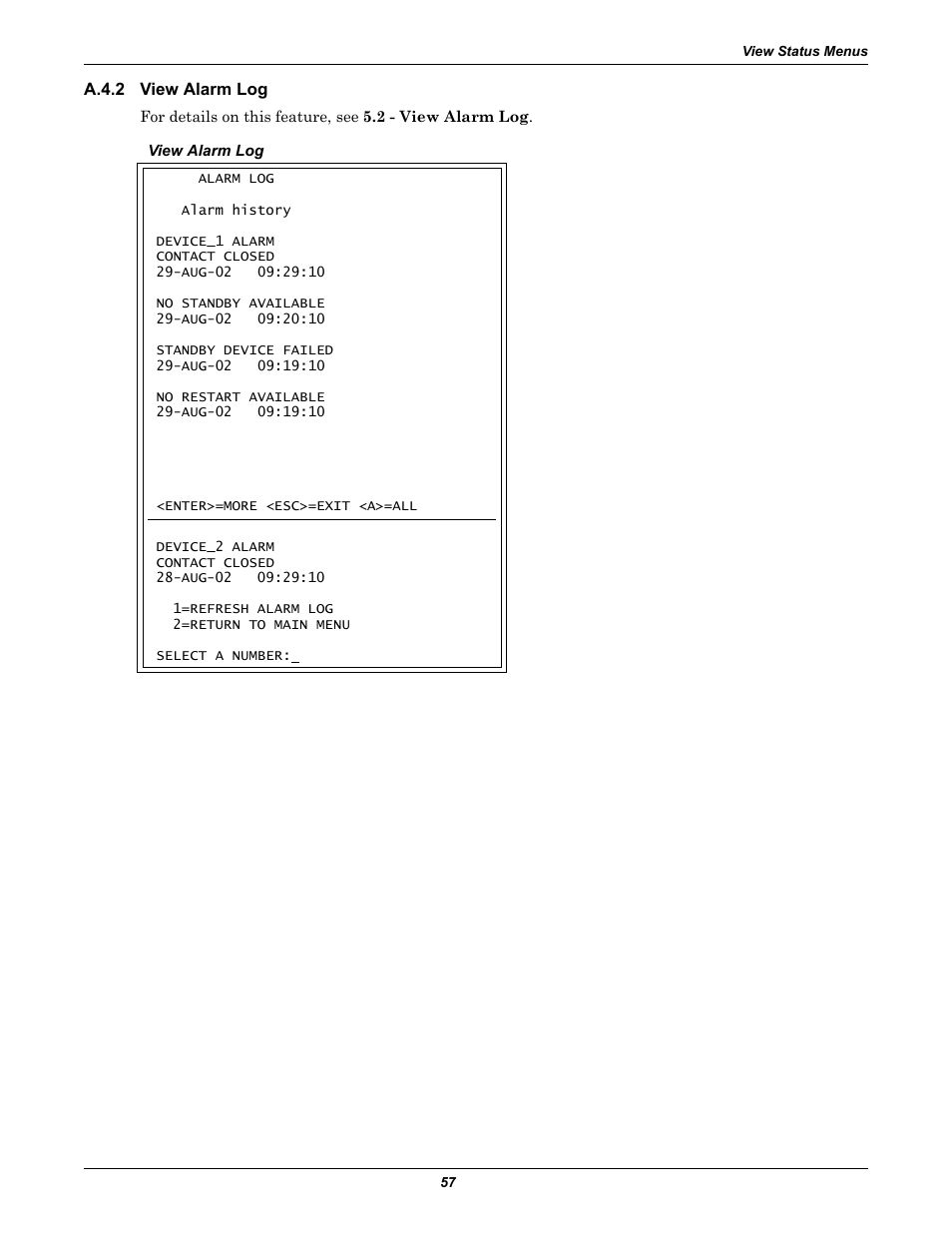 A.4.2 view alarm log, A.4.2, View alarm log | Section a.4.2 | Liebert AC4 User Manual | Page 63 / 88