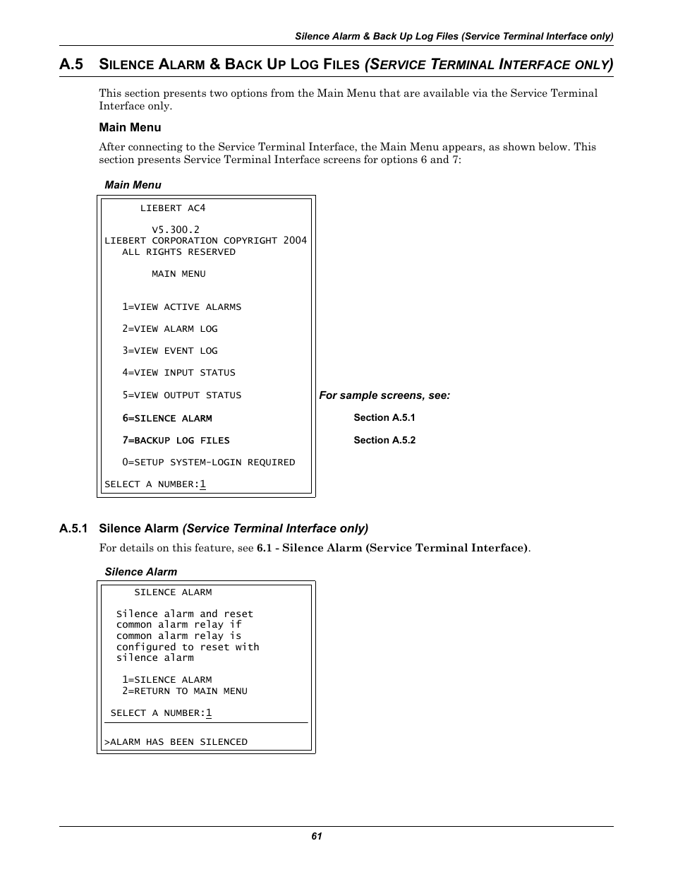 Main menu, Silence alarm & back up log files (ser, Silence alarm | A.5 s | Liebert AC4 User Manual | Page 67 / 88