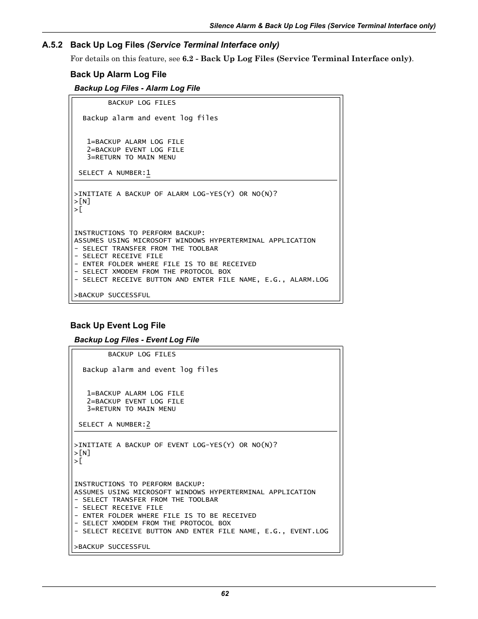 Back up alarm log file, Back up event log file, Back up log files (service terminal | Liebert AC4 User Manual | Page 68 / 88