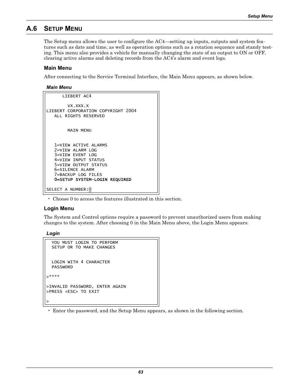 A.6 setup menu, Main menu, Login menu | Setup menu, A.6 s | Liebert AC4 User Manual | Page 69 / 88