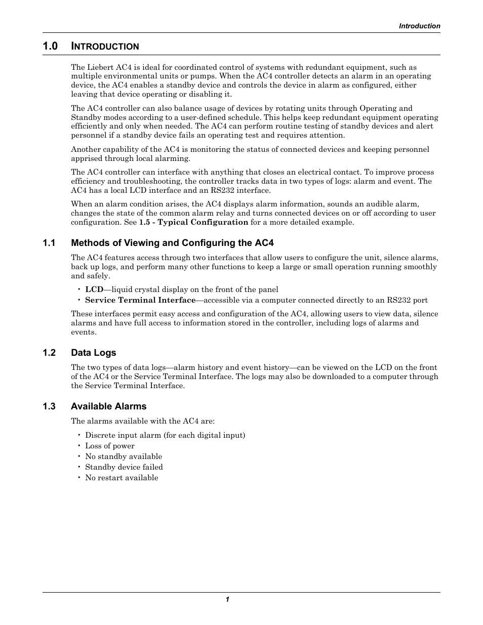 0 introduction, 1 methods of viewing and configuring the ac4, 2 data logs | 3 available alarms, Ntroduction, Methods of viewing and configuring the ac4, Data logs, Available alarms | Liebert AC4 User Manual | Page 7 / 88