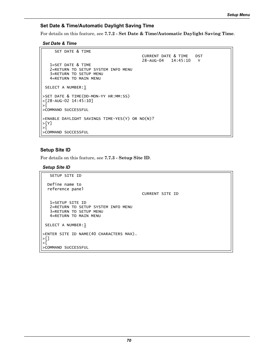 Set date & time/automatic daylight saving time, Setup site id | Liebert AC4 User Manual | Page 76 / 88