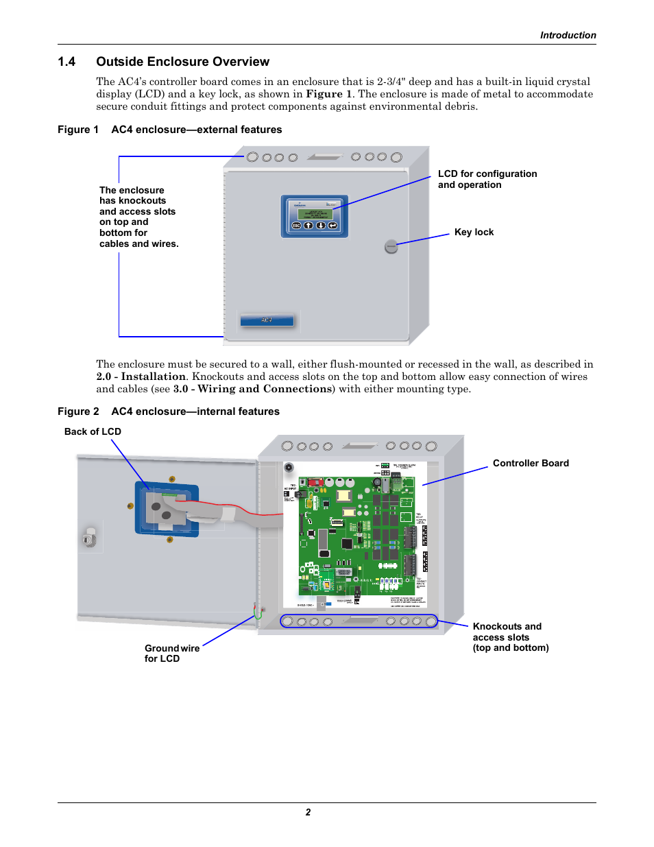 4 outside enclosure overview, Figure 1 ac4 enclosure—external features, Figure 2 ac4 enclosure—internal features | Outside enclosure overview, Ac4 enclosure—external features, Figure 2, Ac4 enclosure—internal features | Liebert AC4 User Manual | Page 8 / 88