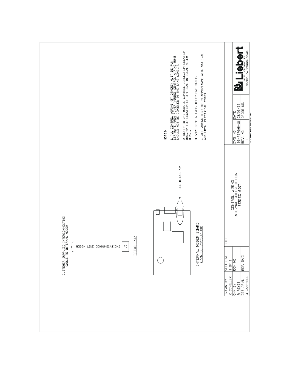 Figure 36 control wiring, internal modem option | Liebert 600T User Manual | Page 61 / 73