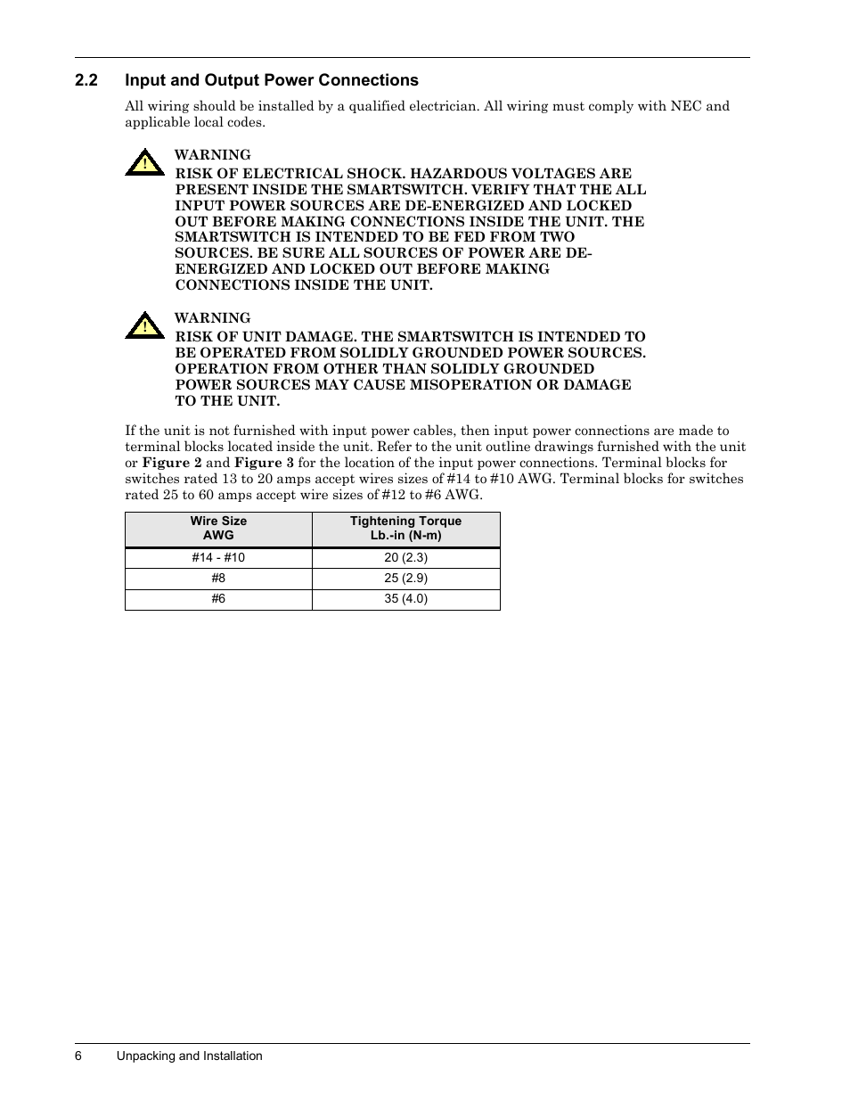 2 input and output power connections, Input and output power connections | Liebert SmartSwitchTM User Manual | Page 10 / 23