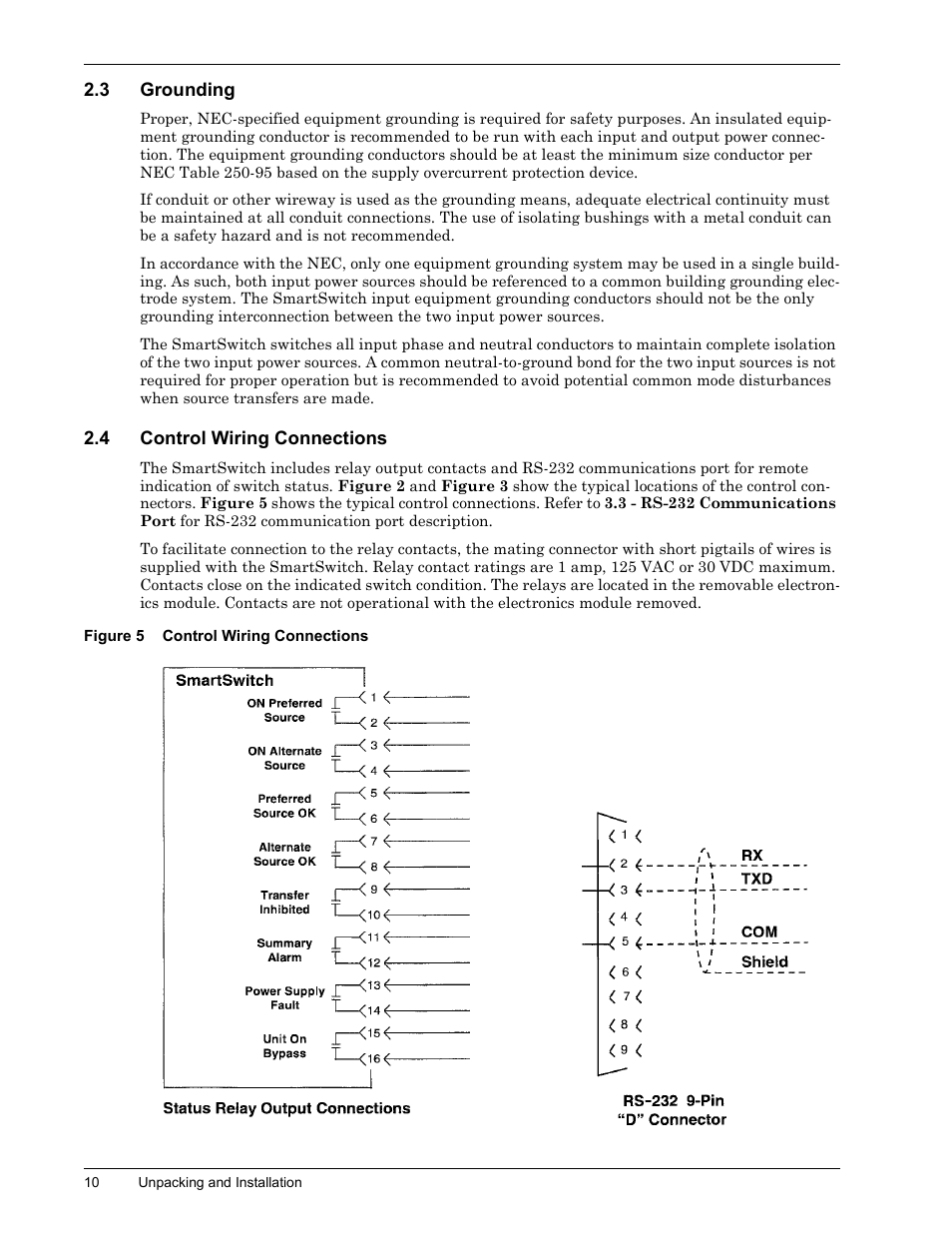 3 grounding, 4 control wiring connections, Figure 5 control wiring connections | Grounding, Control wiring connections, Figure 5 | Liebert SmartSwitchTM User Manual | Page 14 / 23