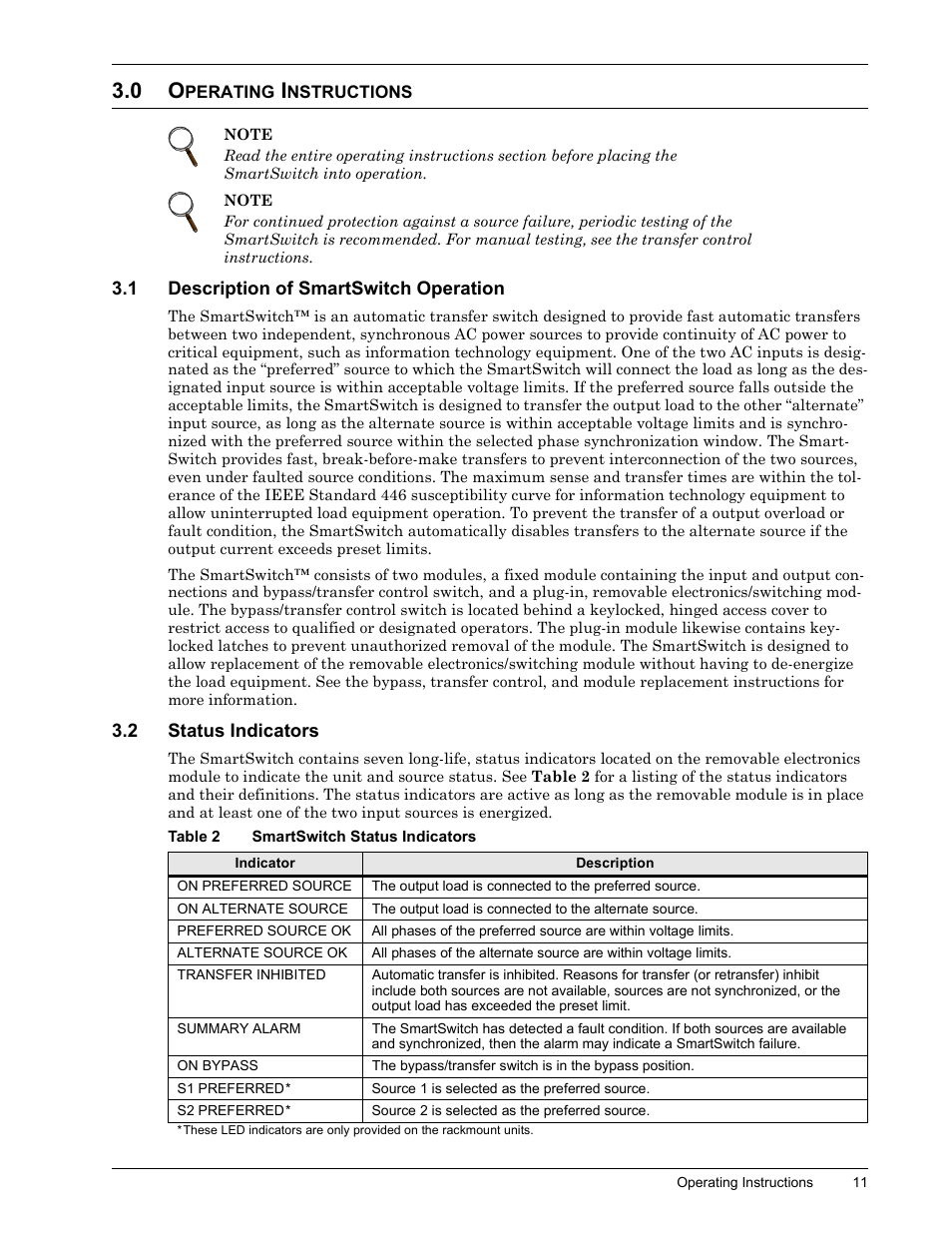 0 operating instructions, 1 description of smartswitch operation, 2 status indicators | Table 2 smartswitch status indicators, Perating, Nstructions, Description of smartswitch operation, Status indicators, Table 2, Smartswitch status indicators | Liebert SmartSwitchTM User Manual | Page 15 / 23