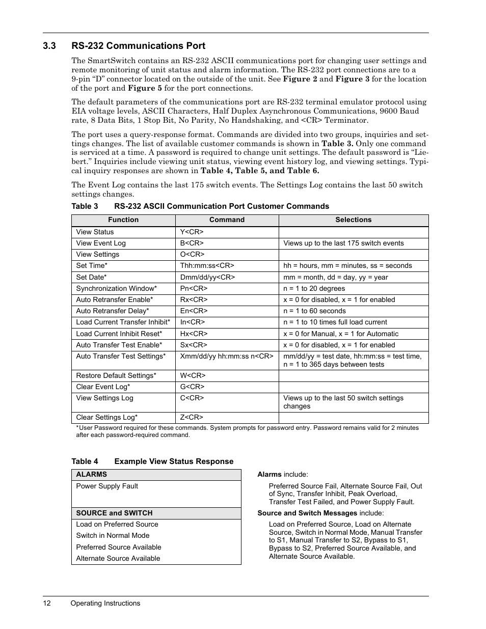 3 rs-232 communications port, Table 4 example view status response, Rs-232 communications port | Table 3, Rs-232 ascii communication port customer commands, Table 4, Example view status response, 3 - rs-232 communications, Port | Liebert SmartSwitchTM User Manual | Page 16 / 23