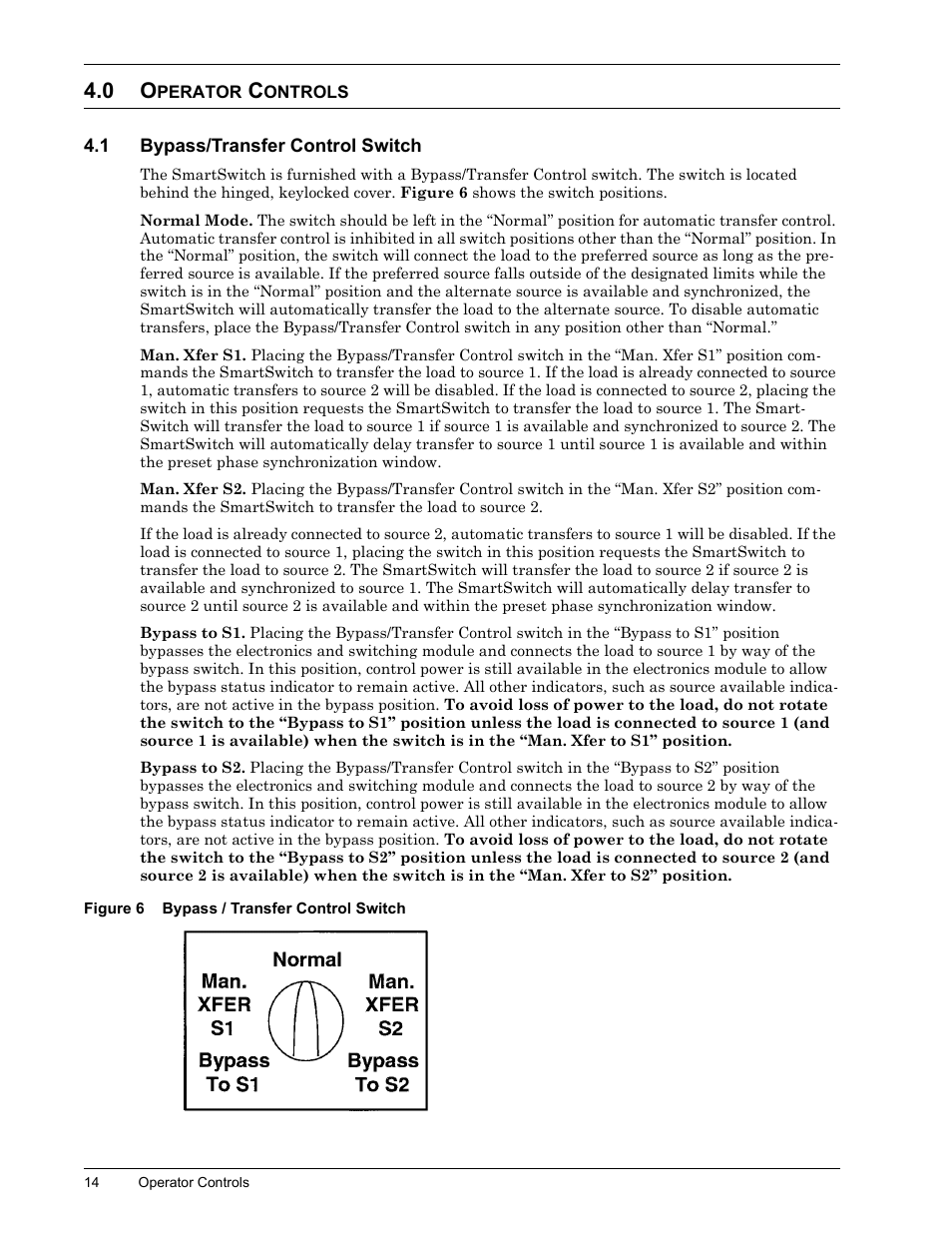 0 operator controls, 1 bypass/transfer control switch, Figure 6 bypass / transfer control switch | Perator, Ontrols, Bypass/transfer control switch, Figure 6, Bypass / transfer control switch | Liebert SmartSwitchTM User Manual | Page 18 / 23