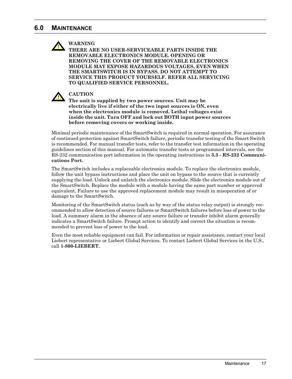 0 maintenance, Aintenance | Liebert SmartSwitchTM User Manual | Page 21 / 23