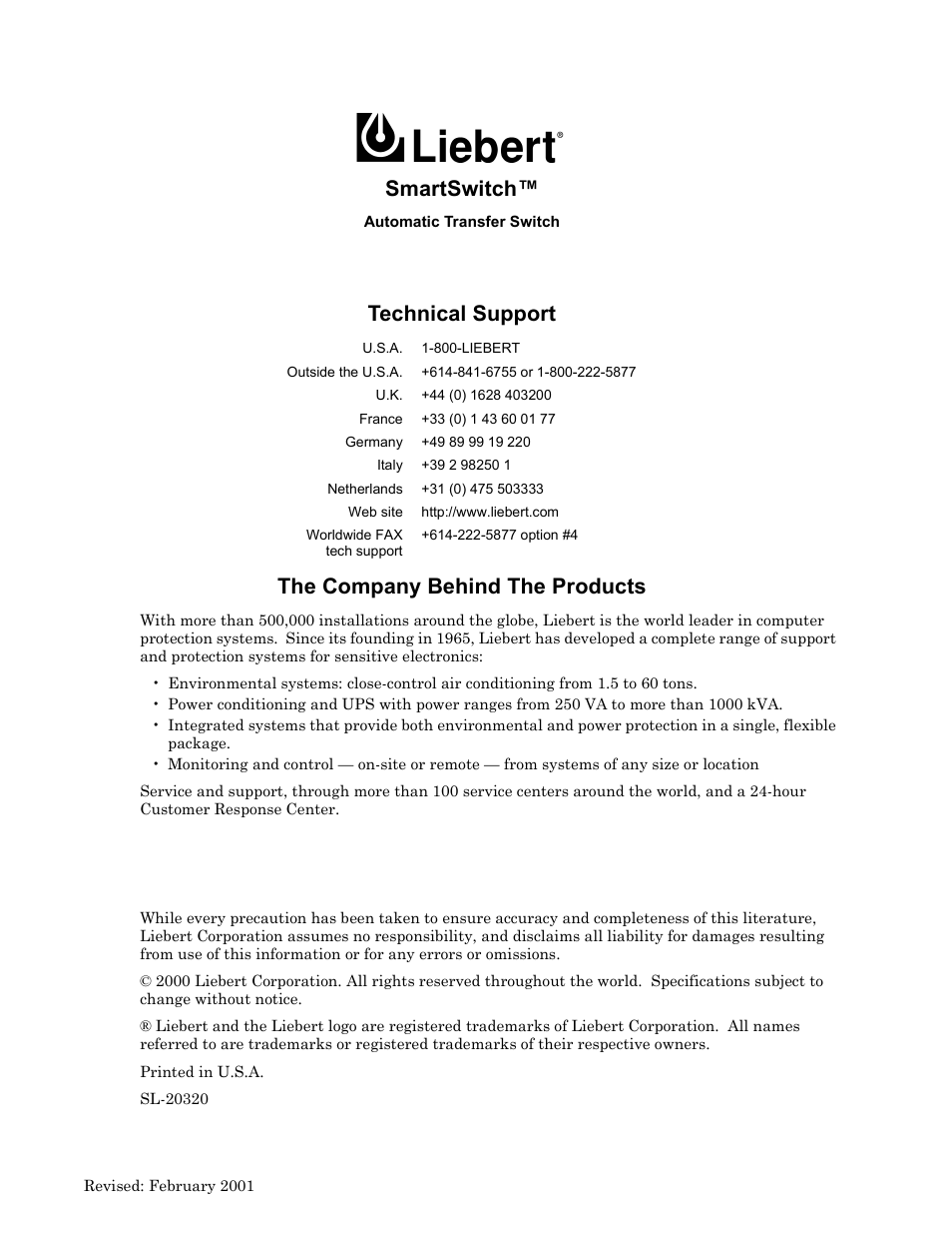 Smartswitch, Technical support the company behind the products | Liebert SmartSwitchTM User Manual | Page 23 / 23