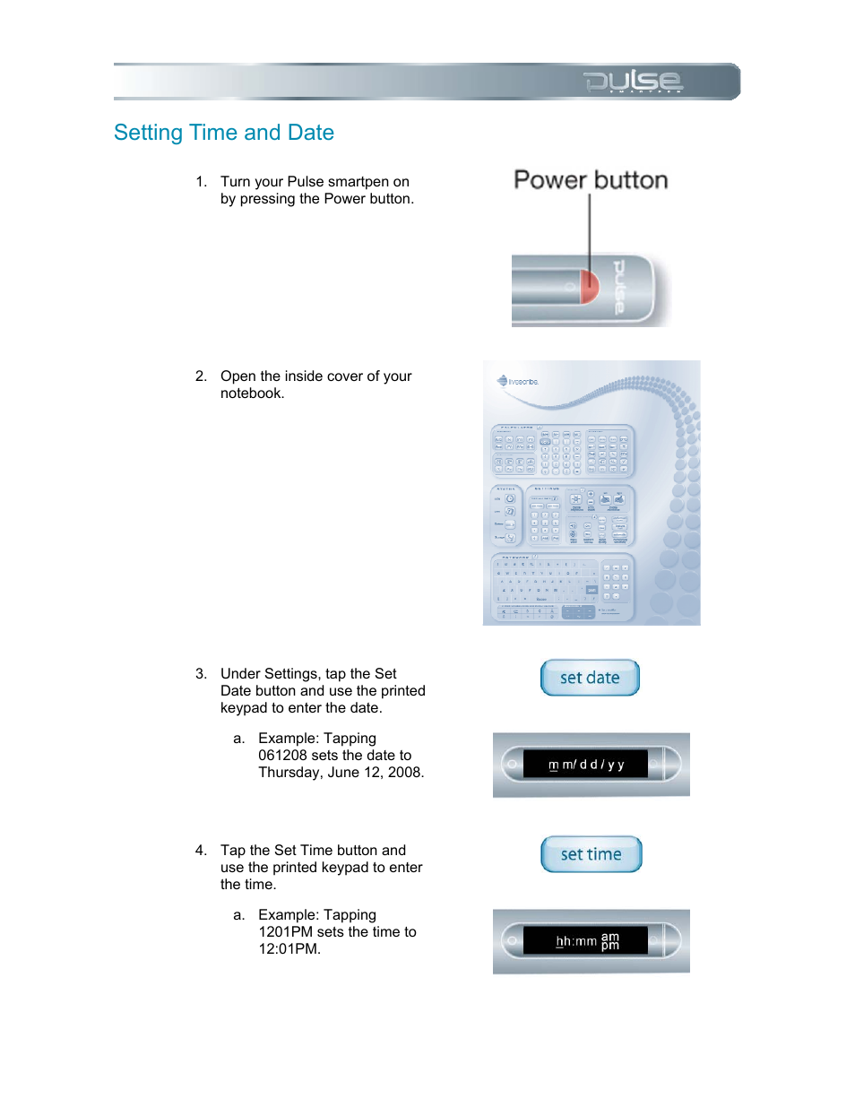 Setting time and date, Etting, Ime and | Livescribe PULSE User Manual | Page 12 / 89