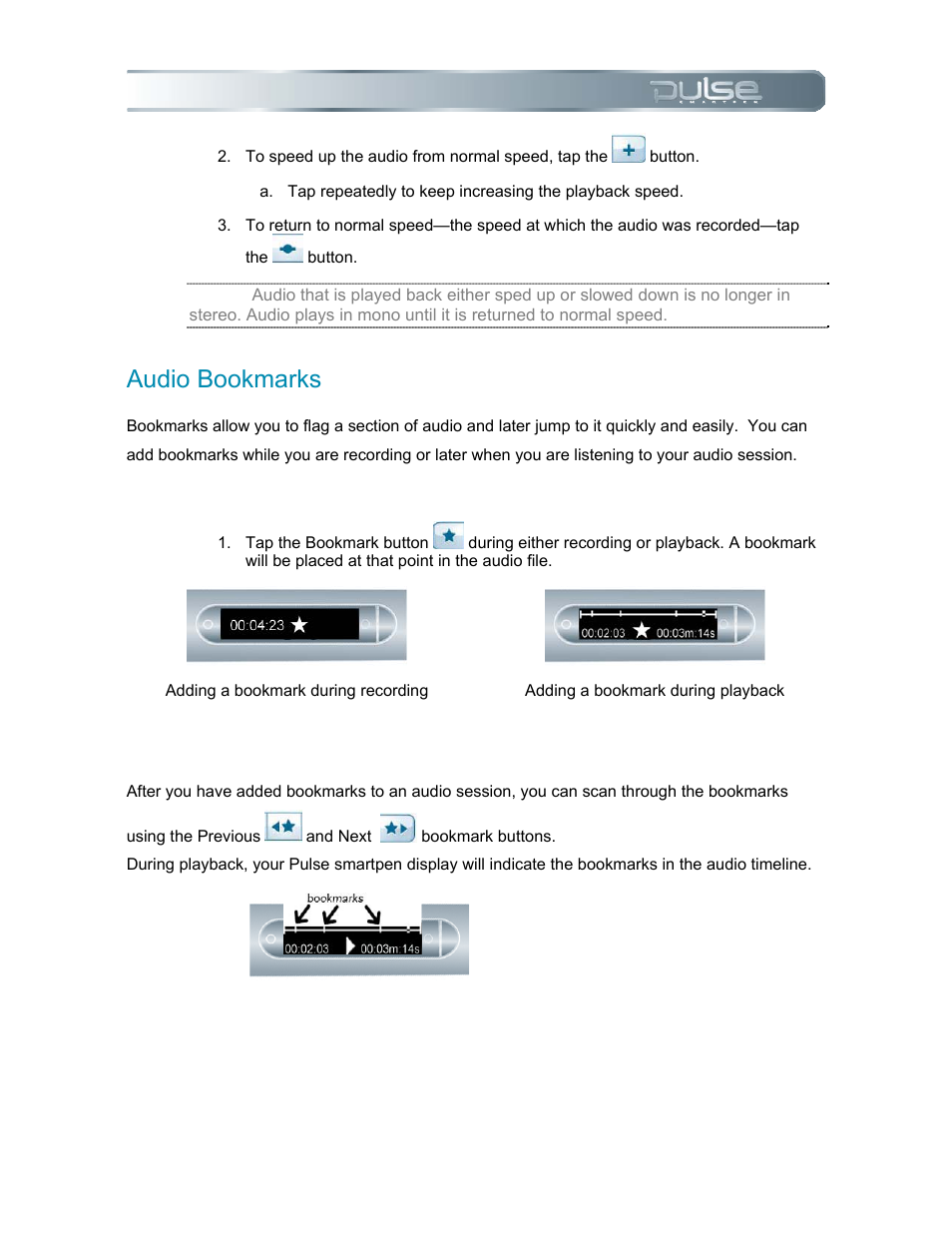 Audio bookmarks, Adding bookmarks, Reviewing bookmarks | Udio, Ookmarks | Livescribe PULSE User Manual | Page 29 / 89