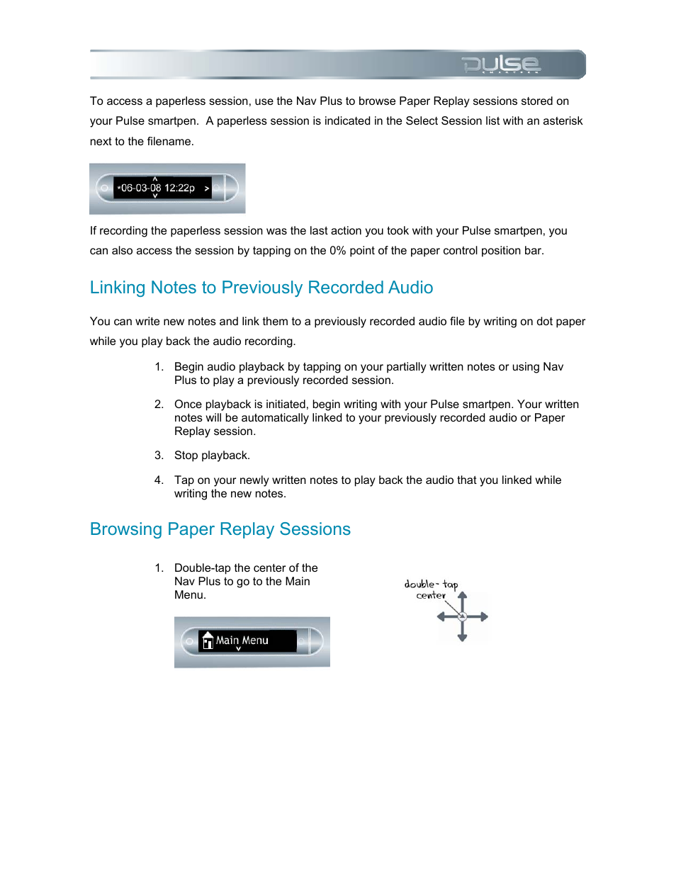 Linking notes to previously recorded audio, Browsing paper replay sessions, Inking | Otes to, Reviously, Ecorded, Udio, Rowsing, Aper, Eplay | Livescribe PULSE User Manual | Page 31 / 89