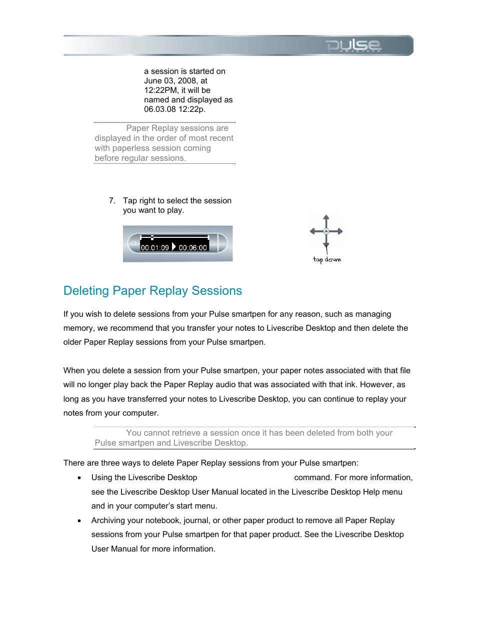 Deleting paper replay sessions, Eleting, Aper | Eplay, Essions | Livescribe PULSE User Manual | Page 33 / 89