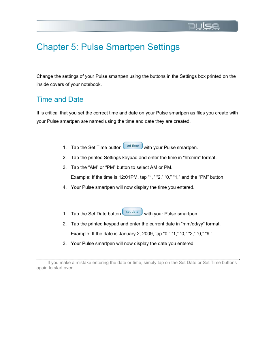 Chapter 5: pulse smartpen settings, Time and date, Setting the time | Setting the date, Chapter 5: pulse smartpen settings 37, Ime and, Er to chapter 5, Pulse smartpen settings, In chapter 5, Pulse | Livescribe PULSE User Manual | Page 37 / 89
