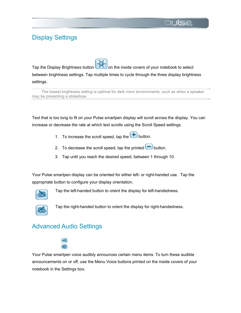 Display settings, Display brightness, Display scroll speed | Orienting your display, Advanced audio settings, Menu voice, Isplay, Ettings, Dvanced, Udio | Livescribe PULSE User Manual | Page 38 / 89