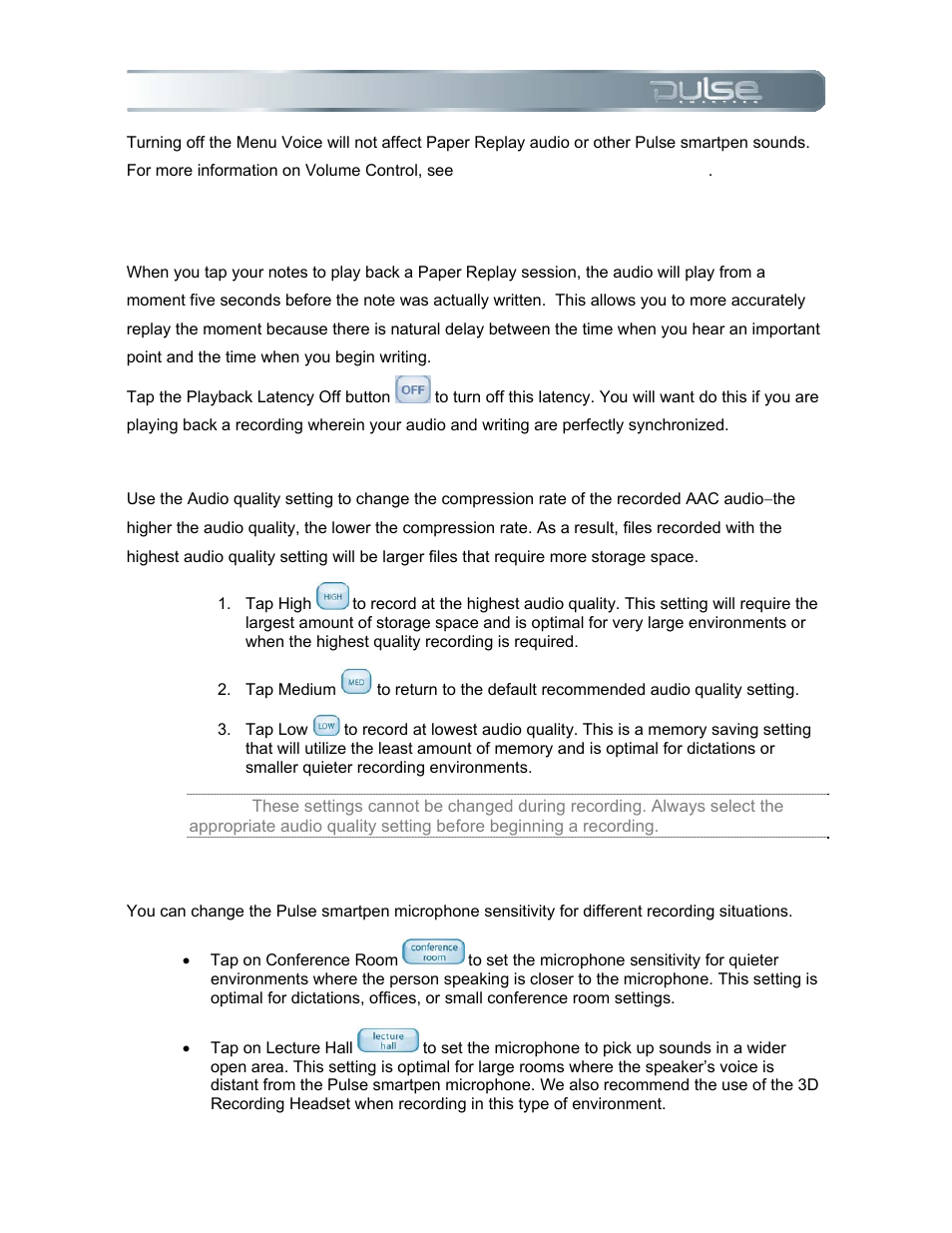 Playback latency, Audio quality, Microphone sensitivity | Livescribe PULSE User Manual | Page 39 / 89