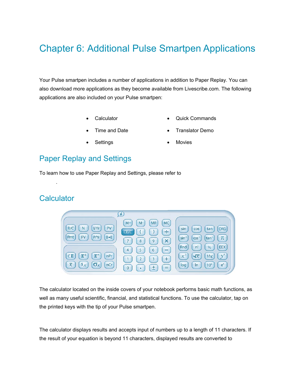 Chapter 6: additional pulse smartpen applications, Paper replay and settings, Calculator | Basic math functions, Aper, Eplay and, Ettings, Alculator | Livescribe PULSE User Manual | Page 41 / 89