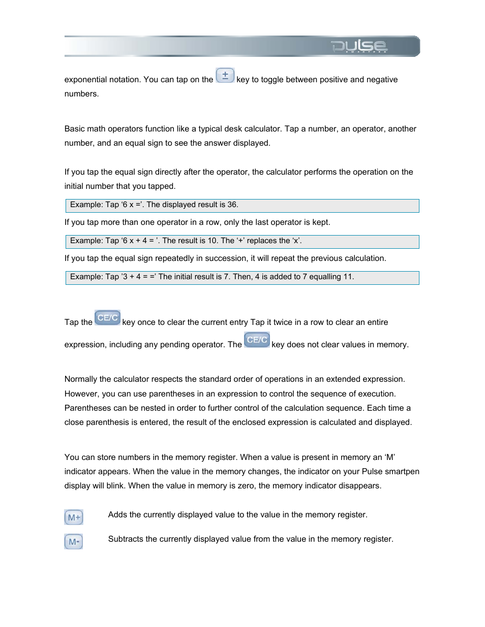 Using basic operators, Using ce/c, Using parentheses | Using memory | Livescribe PULSE User Manual | Page 42 / 89