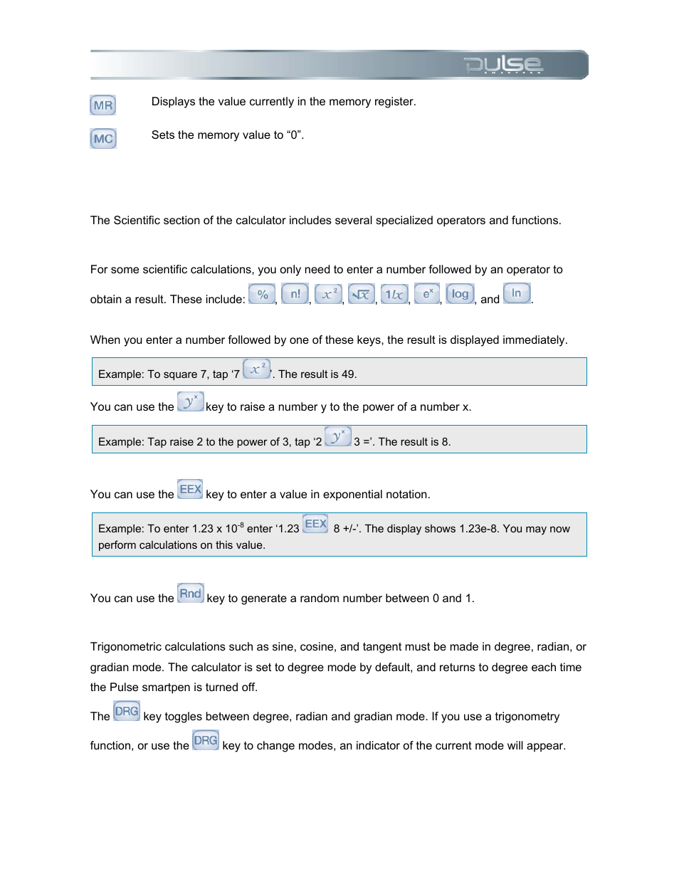 Scientific functions, Operators, Using trigonometry functions | Livescribe PULSE User Manual | Page 43 / 89