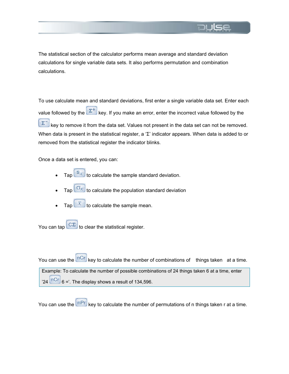 Statistical functions, Using mean and standard deviation calculations, Using combinations and permutations | Livescribe PULSE User Manual | Page 46 / 89
