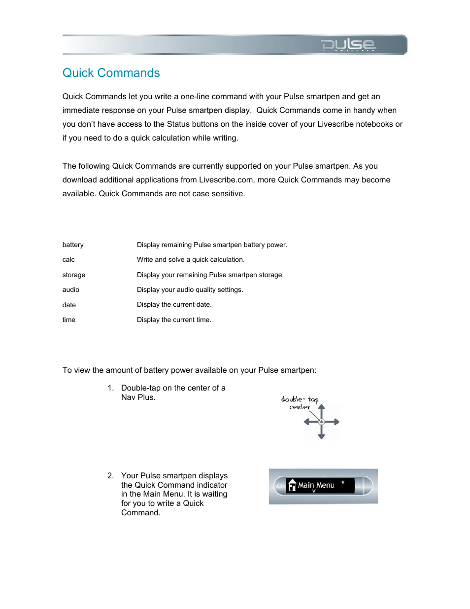 Quick commands, Battery quick command, Uick | Ommands, Quick command list | Livescribe PULSE User Manual | Page 47 / 89