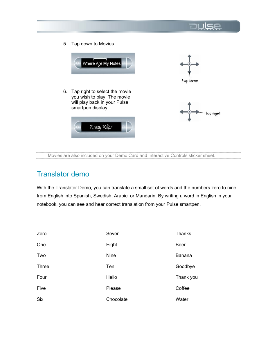 Translator demo, Translator demo word list, Ranslator demo | Livescribe PULSE User Manual | Page 57 / 89