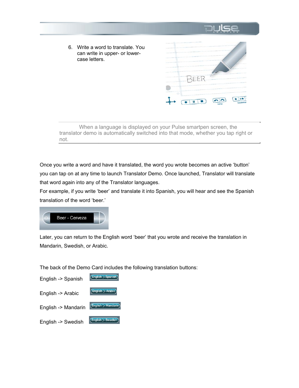 Using a word button, Using the demo card | Livescribe PULSE User Manual | Page 59 / 89