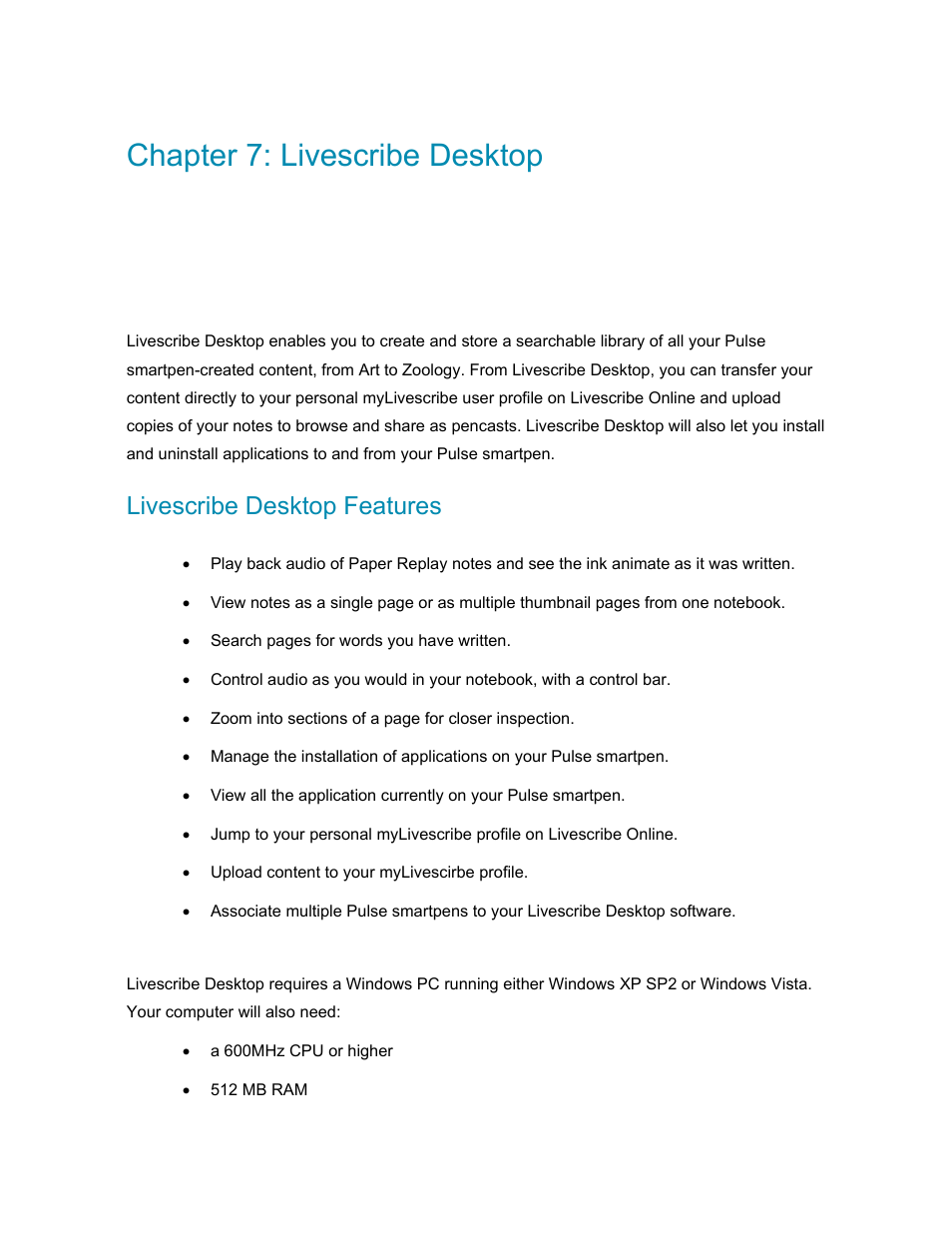 Chapter 7: livescribe desktop, Livescribe desktop features, Installing livescribe desktop | Chapter 7: livescribe desktop 65, Ivescribe, Esktop, Eatures, Chapter 7, Livescribe desktop | Livescribe PULSE User Manual | Page 65 / 89