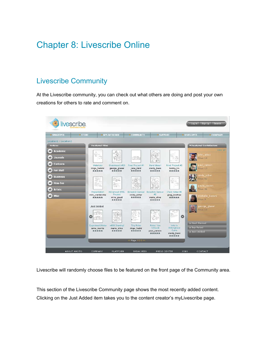Chapter 8: livescribe online, Livescribe community, Featured files | Just added, Chapter 8: livescribe online 67, Ivescribe, Ommunity | Livescribe PULSE User Manual | Page 67 / 89