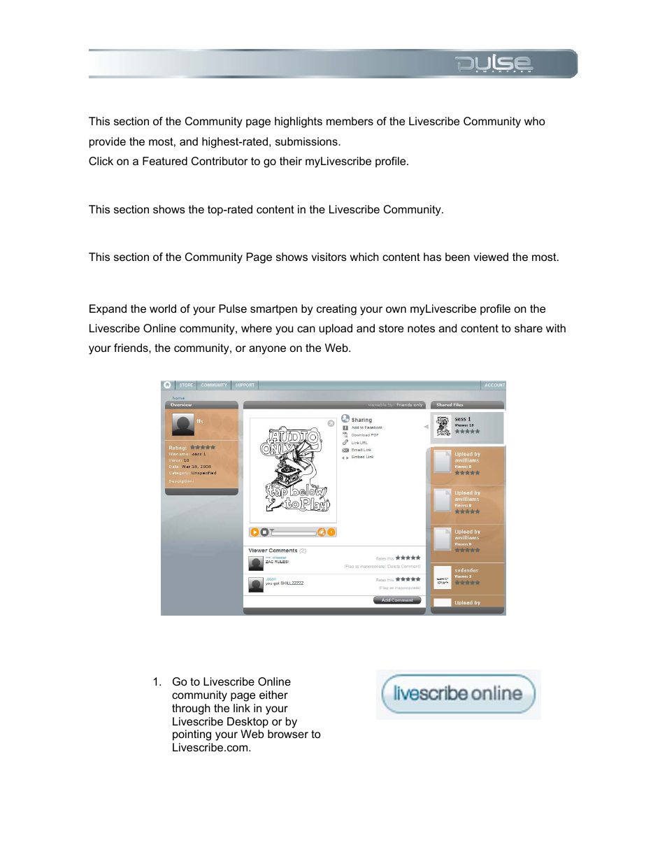 Featured contributors, Top rated, Most viewed | Your mylivescribe profile, Creating your mylivescribe space | Livescribe PULSE User Manual | Page 68 / 89
