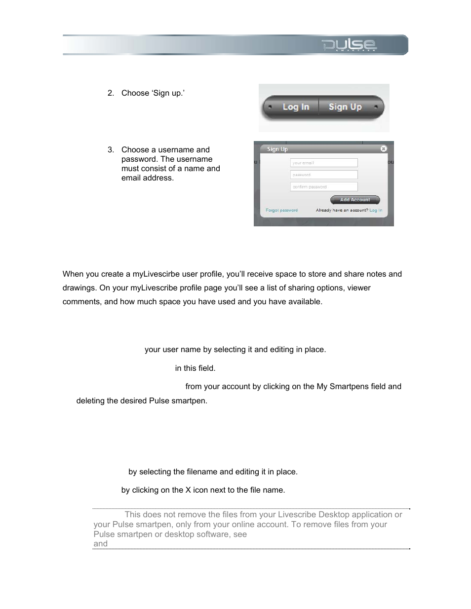 Using your mylivescribe profile, Managing your account details, Managing account content | Livescribe PULSE User Manual | Page 69 / 89