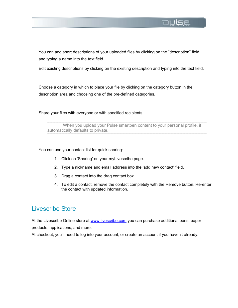 Livescribe store, Ivescribe, Tore | Livescribe PULSE User Manual | Page 70 / 89