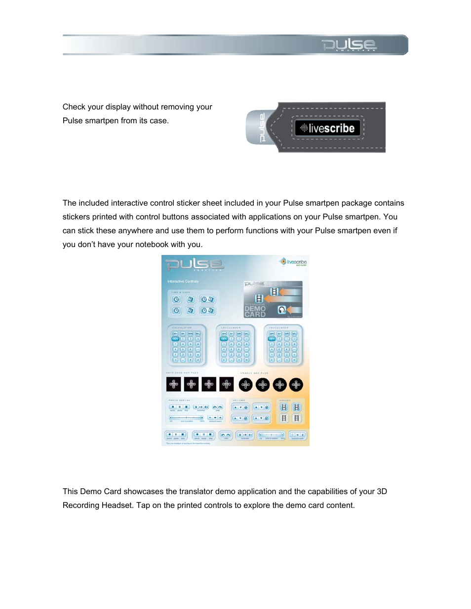 Display window, Interactive control sticker sheet, Demo card | Livescribe PULSE User Manual | Page 75 / 89