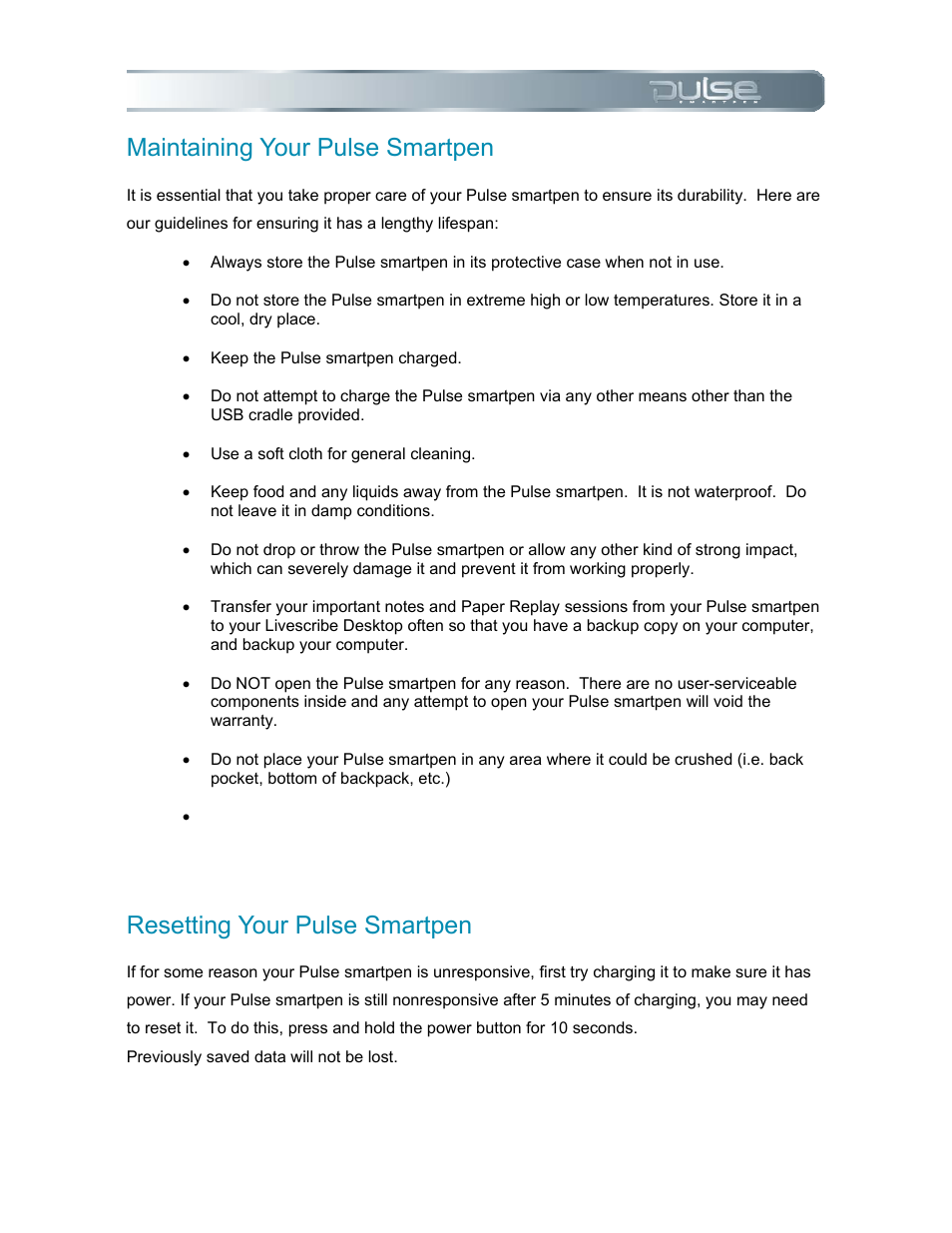 Maintaining your pulse smartpen, Resetting your pulse smartpen, Aintaining | Ulse, Martpen, Esetting | Livescribe PULSE User Manual | Page 78 / 89