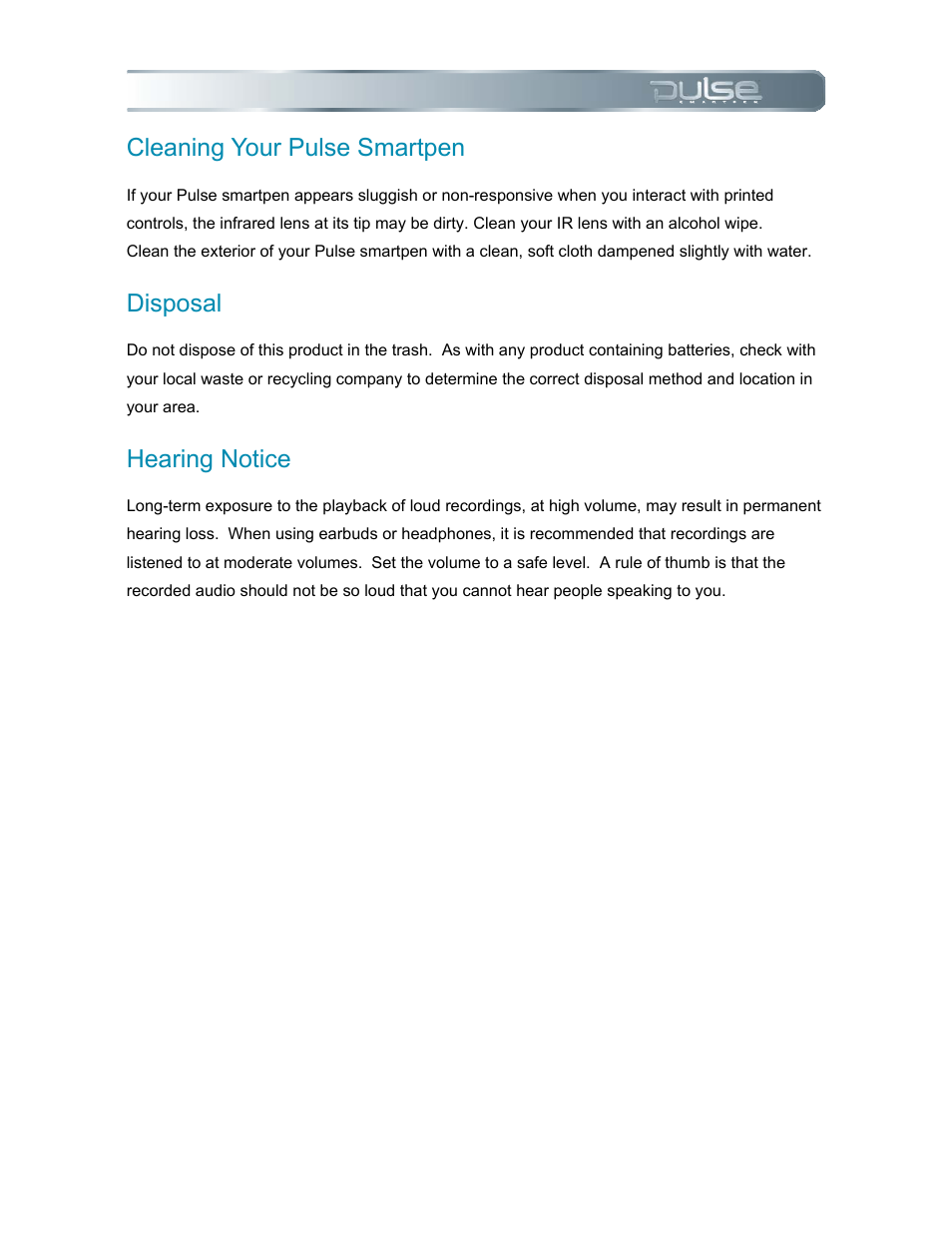 Cleaning your pulse smartpen, Disposal, Hearing notice | Leaning, Ulse, Martpen, Isposal, Earing, Otice | Livescribe PULSE User Manual | Page 79 / 89