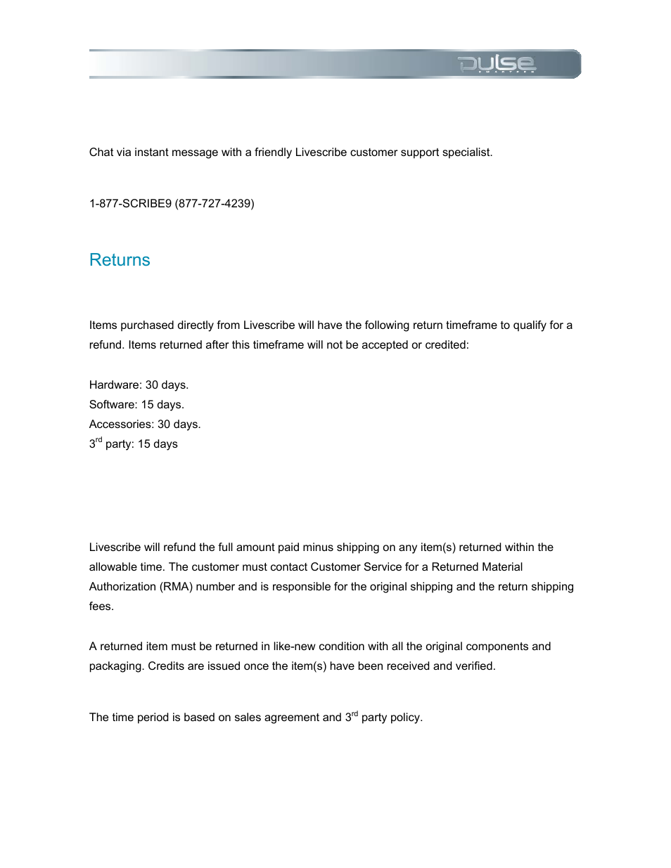 Chat, Phone, Returns | Eturns, Items purchased directly from livescribe, Returned item refund | Livescribe PULSE User Manual | Page 82 / 89