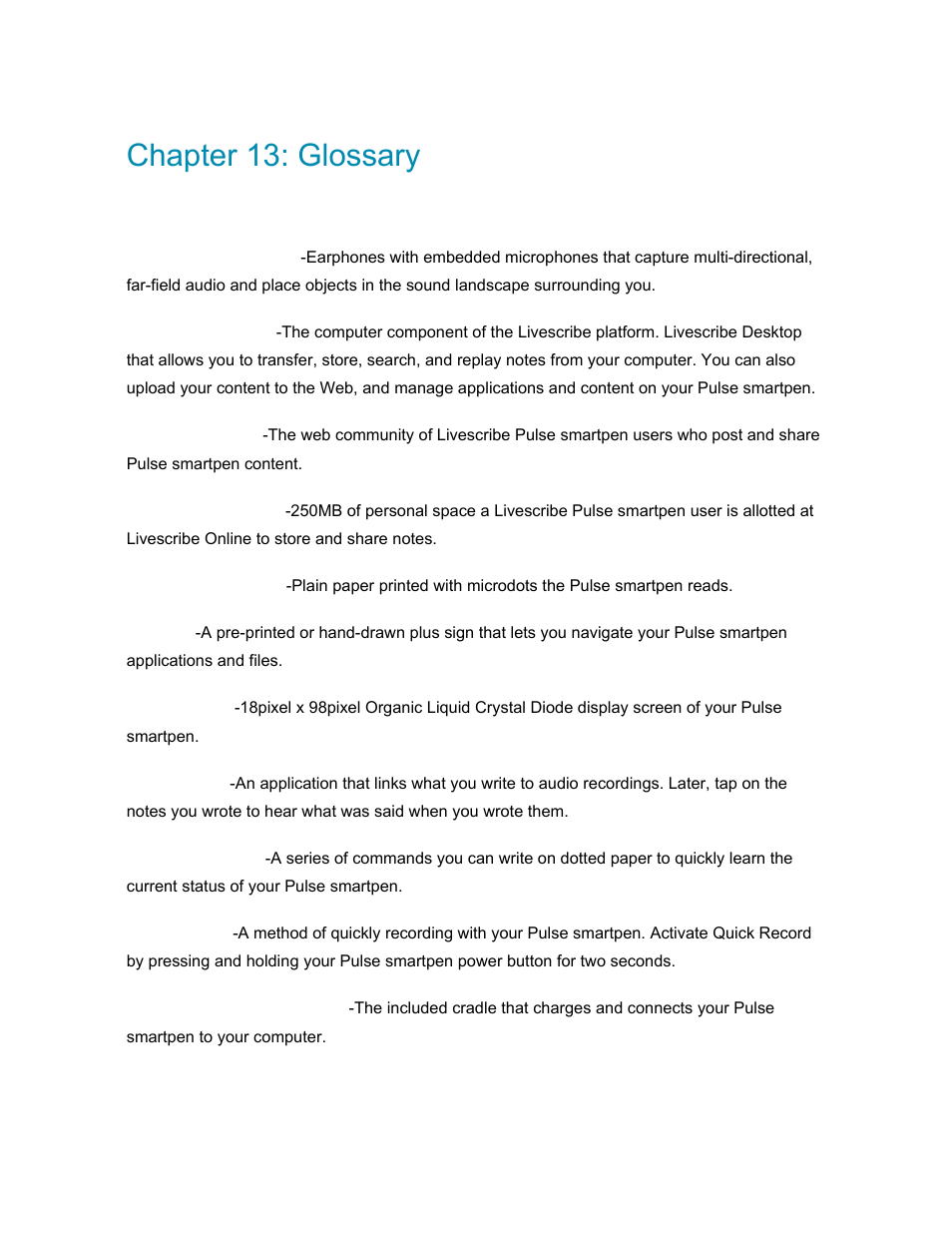 Chapter 13: glossary, Chapter 13: glossary 89 | Livescribe PULSE User Manual | Page 89 / 89